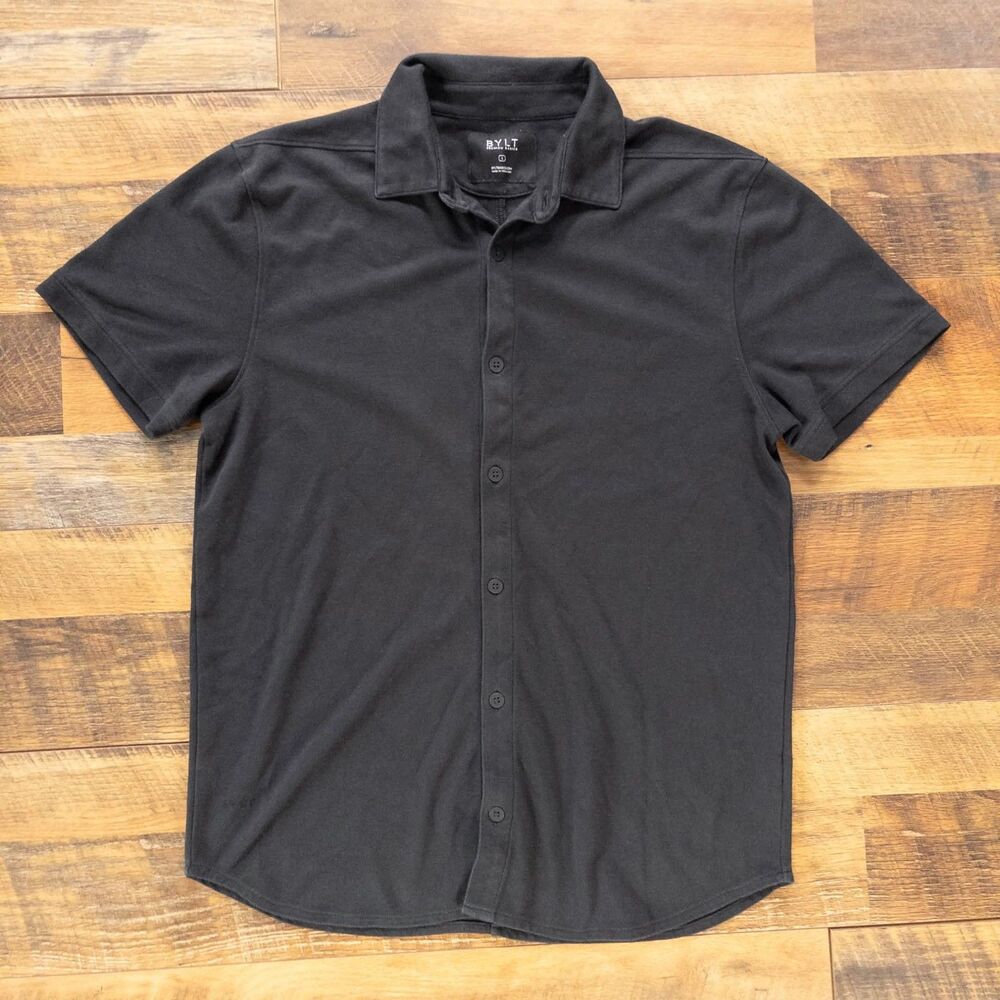 BYLT Premium Basics Bay Shirt Mens L Black Pique Knit Short Sleeve Button Up